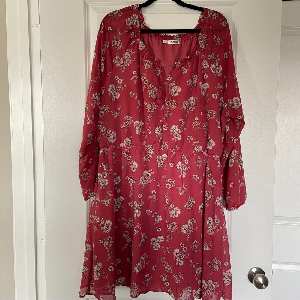 Maurices Peasant Dress in Earth Red Floral Print